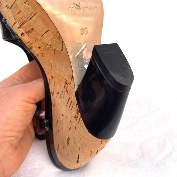 Miu Miu Patent leather T-Strap Cork Black Wedges - Picture 6 of 10